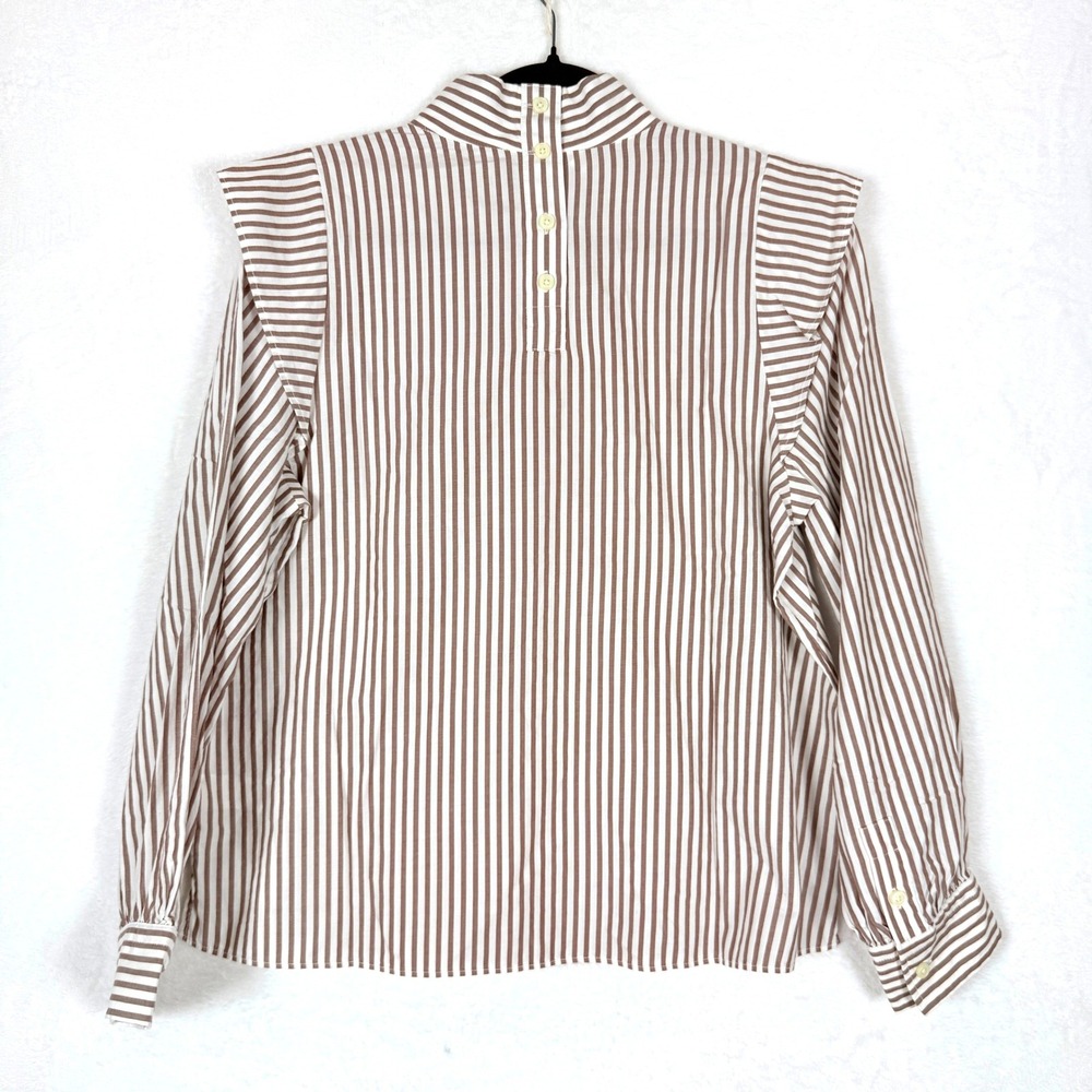 Everlane Brown White Striped Mock Neck Ruffle‎ Shoulder Blouse Top Size 8 - Picture 3 of 6